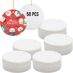 PYD Life 50 PCS Sublimation Ceramic Ornaments Bulk 2.75 Inch Round Blank with Gold String for Crafting DIY Personalized Christmas Home Decor Bulk