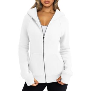 Trendy Queen Women's Full Zip Up Hoodie - Fitted Long Sleeve Sweatshirts for Fall and Winter (Large, White)