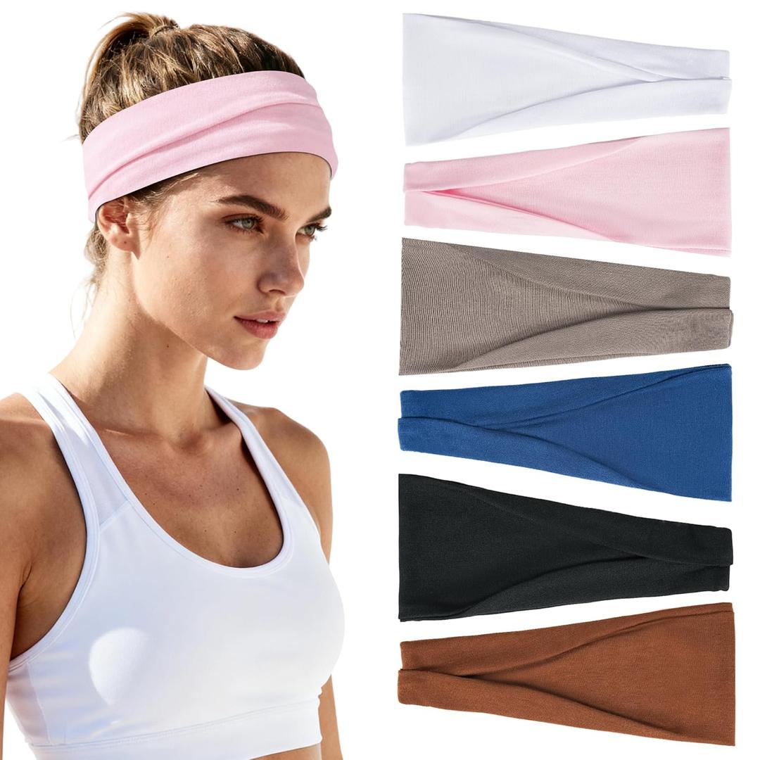 Headbands for Women Non-Slip Elastic Hair Bands, 6 Pack Stretchy Soft Cloth Sweat Band, Fabric Workout Headband, Fashion Head Bands for Yoga Running Sports