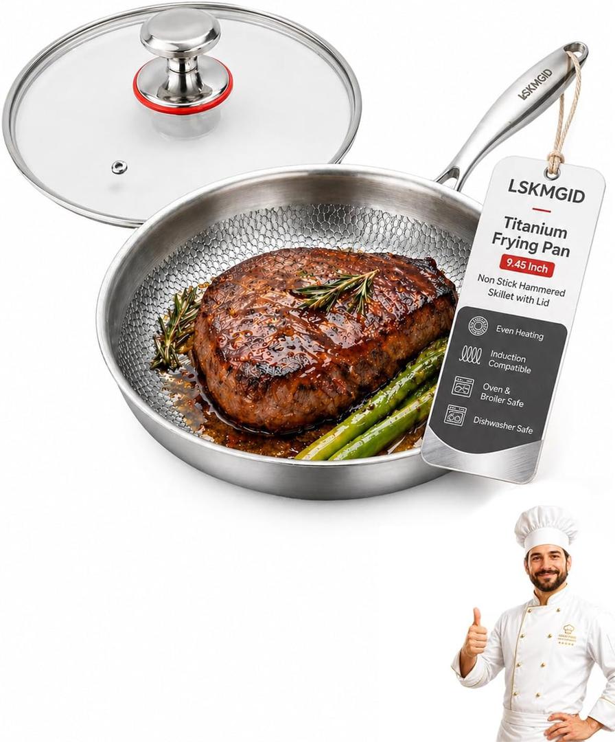 Titanium Pans for Cooking Frying Cookware 9.45inch Non Stick Small Pure Skillet Camping Hammered with Lid Even Heating Induction Compatible Oven & Broiler Dishwasher