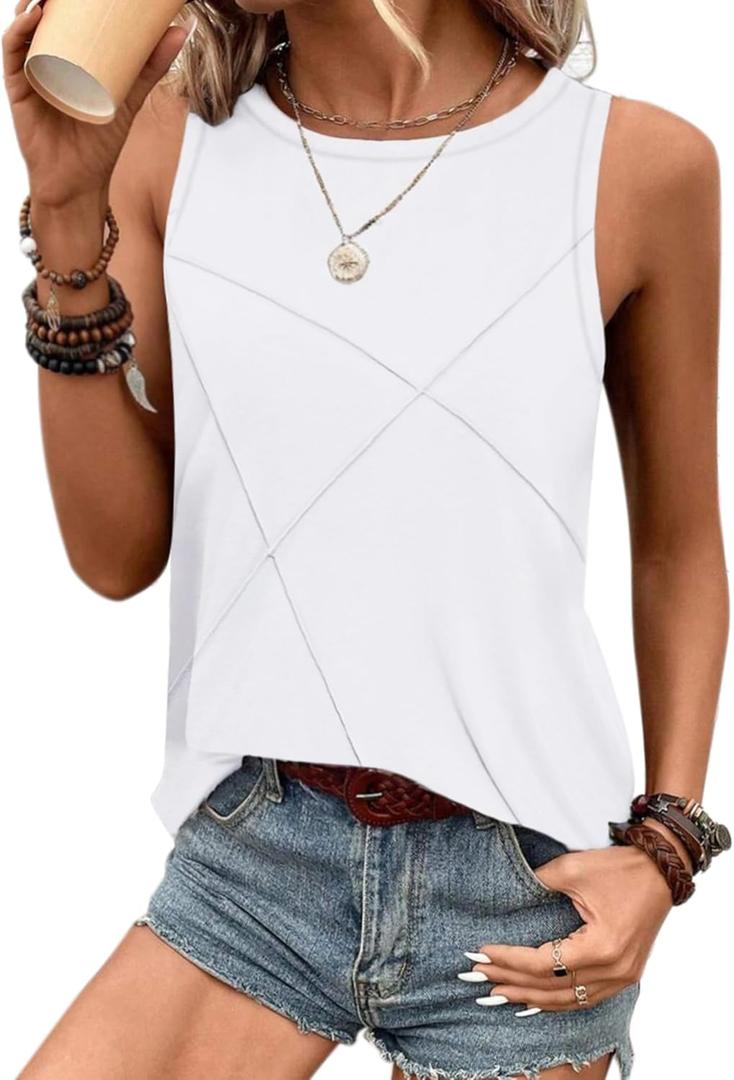 Zeagoo Beach Vacation Clothes for Women Pleated High Neck Flowy Sleeveless Tank Tops Summer Loose Fit Tunic Blouses (Medium, White)