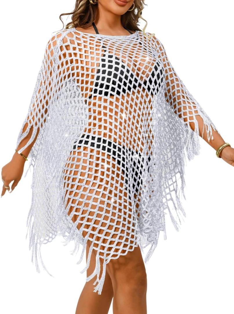Kaei&Shi Sexy Hollow Out Beach Coverups,Crochet Fringe Knit Swimsuit Cover Up,Pool Swimwear Dress for Women Fit 0-14, One Size (Silver)