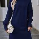 Sovoyontee Women's 2025 Fall Long Sleeve Mock Neck Sweater Dress Casual Loose Ribbed Knit Mini Short Pullover Dresses (Blue, L)