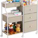 Baby Organizer and Storage - 3 Tier Rolling Cart with Dividers and Drawers, Easy To Assemble, Mobile Utility Cart with Wheels for Nursery, Bedroom, Changing Table & Crib,Off White