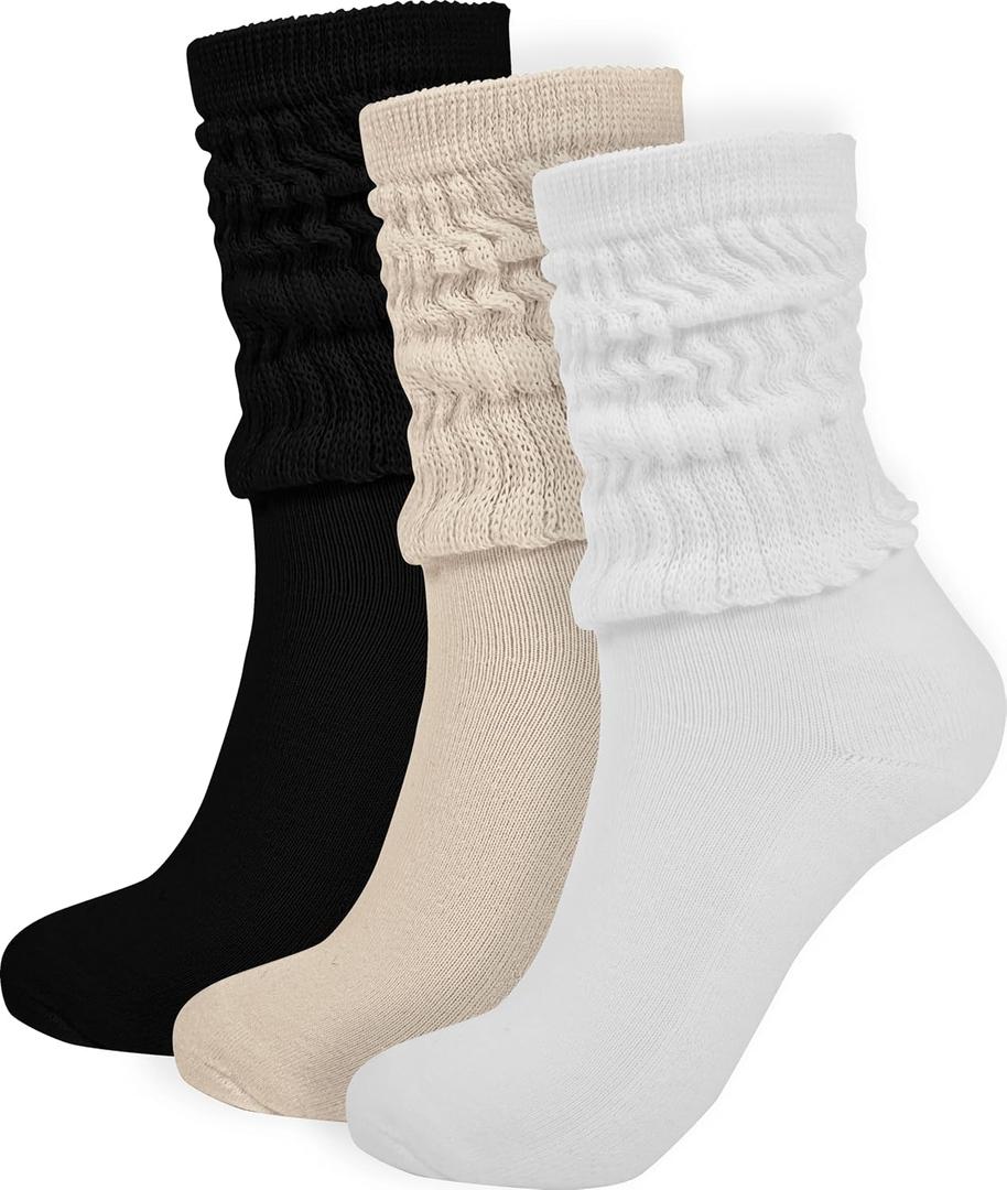 BomKinta Crew Slouch Socks Women - Retro Scrunch Short Sock - Soft Solid Ankle Socks Size 5-11 (Black White Cream -3 Pairs)