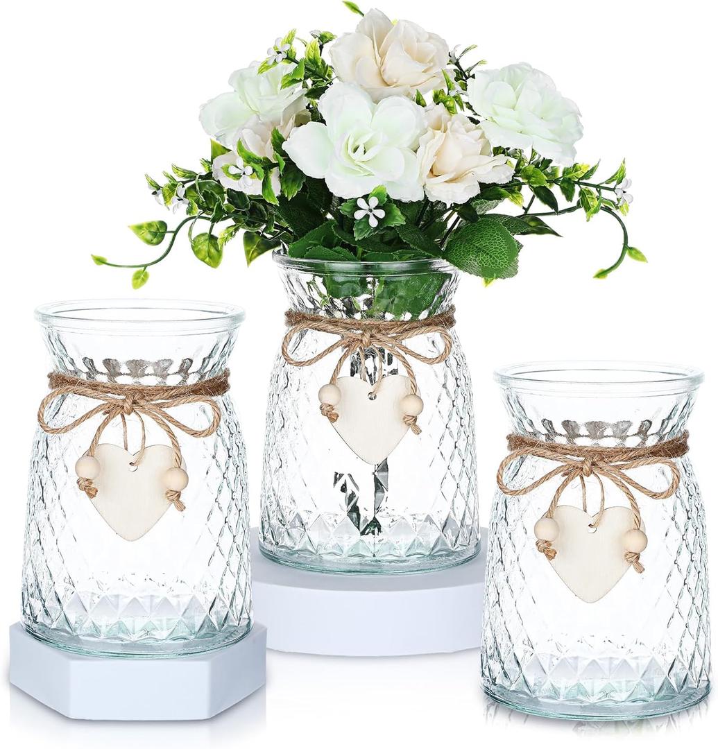 3 Pcs Glass Bud Vases with Twine Rope and Heart Label 6.3 Inch Boho Vintage Vase Flower Decorative Glass Vase for Centerpieces Holiday Wedding Home Table Decorations (Clear)