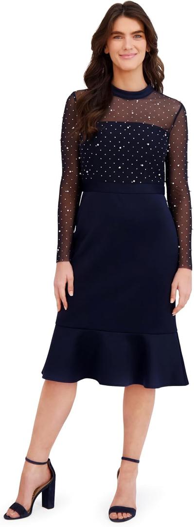London Times Women's Dresses Midi Dress - Sheer Mesh Long Sleeves Sequin Embellished Yoke - Fitted Skirt with Flounce Hem - Elegant Cocktail Dresses, Navy, 14