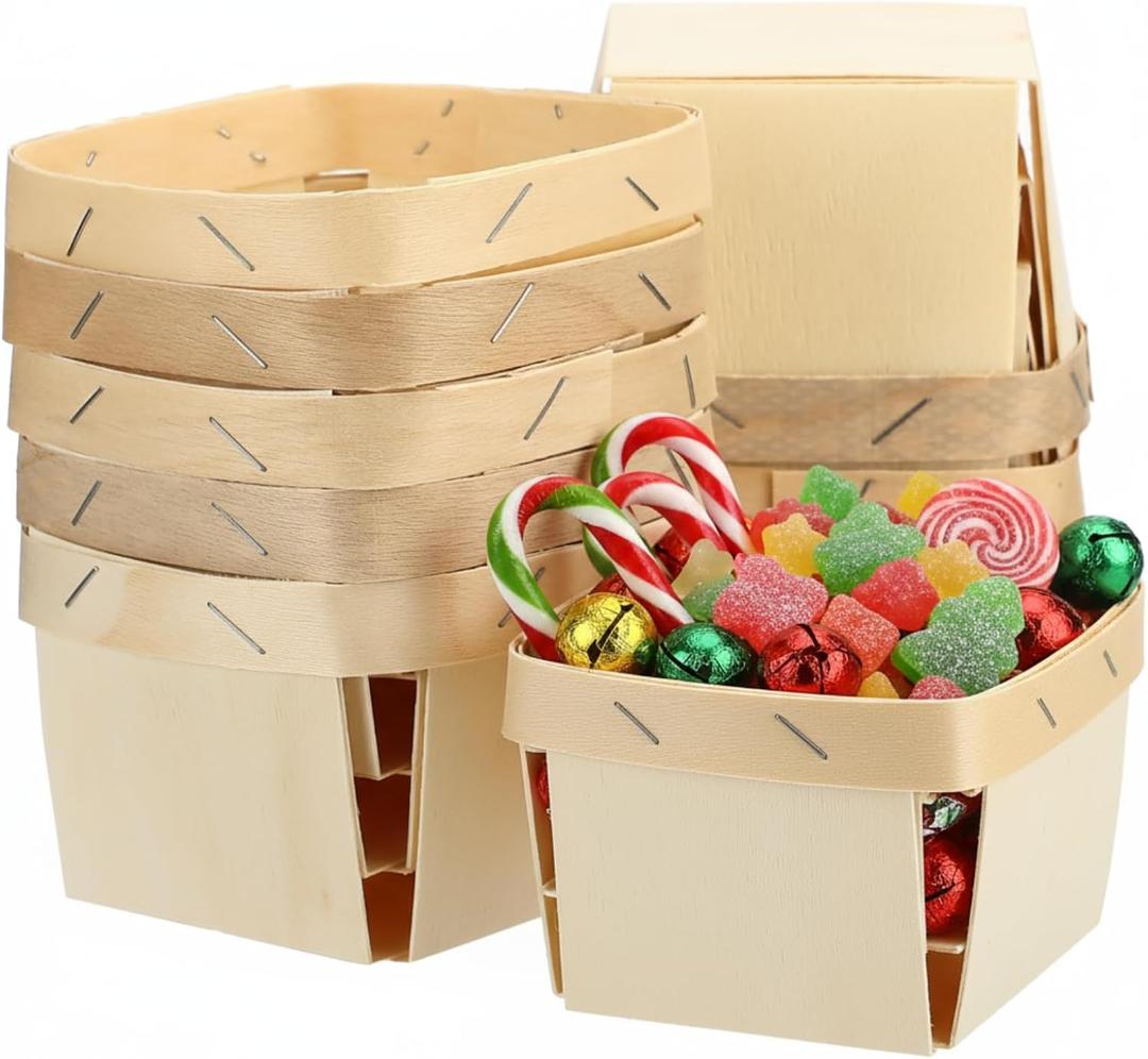 10 Pcs One Pint Wooden Berry Baskets Christmas Small Fruit Picking Basket 4" Square Mini Vented Wood Boxes for DIY Picking Fruit Xmas Wedding Birthday Party Food Storage (Wood)