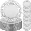 Uiifan 50 Pcs Silver Charger Plates Bulk 13'' Antique Plastic Chargers, about 13 inches in diameter