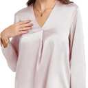Womens Silk Satin Blouses V Neck Long Sleeve Tops Casual Dressy Shirts (S)
