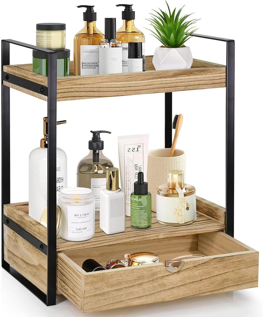 2-Tier Bathroom Organizer Countertop with Drawer, Wood Counter Shelf for Storage, Vanity Tray for Organization and Decor, Countertop Organizer for Bathroom, Kitchen, Office (Brown)