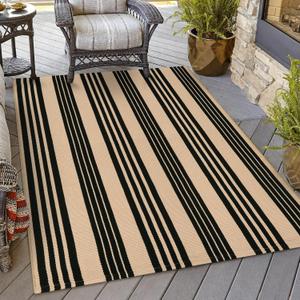 OJIA Outdoor Area Rugs 4'x6', Black and Tan Outdoor Rug Machine Washable Patio Rugs Cotton Hand Woven Entryway Rug Indoor Rugs for Bedroom/Porch/Deck/Backyard/Camping/Living Room