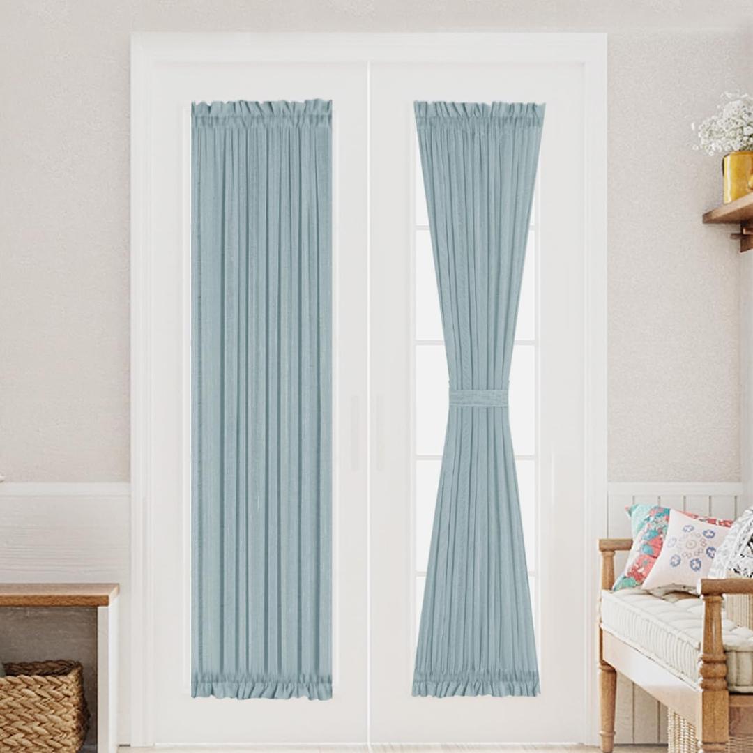 Turquoize Elegant Linen French Door Curtains Light Filtering Curtain Panels Rod Pocket Linen Panel for Glass Door with Tie-Back Privacy Assured Semi Sheer Door Panels, 25" W by 72" L, 2 Panels, Teal