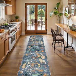 Washable 2x10 Runner Rug for Hallway: Floral Scalloped Kitchen Rugs Low-Pile Stain Resistant Entryway Area Rug - Cozy Bedroom Soft Floor Mat Non-Slip Bathroom Carpet for Boho Home Decor (2x10,Blue)