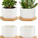 OAMCEG Succulent Pots-4 inch Pots for Plants,4 Pack Small Ceramic Plant Pots,White Succulent Planter with Bamboo Tray- Plants Not Included