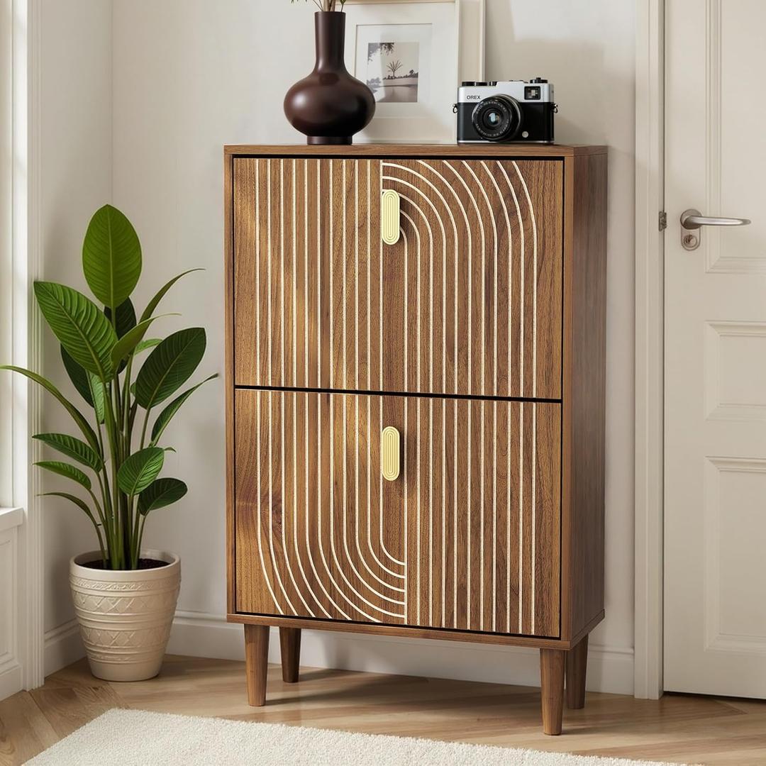 Semiocthome Shoe Storage Cabinet with 2 Flip Drawers, 23.6"(W) Freestanding Shoe Organizer for Entryway with Curved Doors, Narrow Shoe Rack Cabinet with Metal Handles for Foyer, Hallway