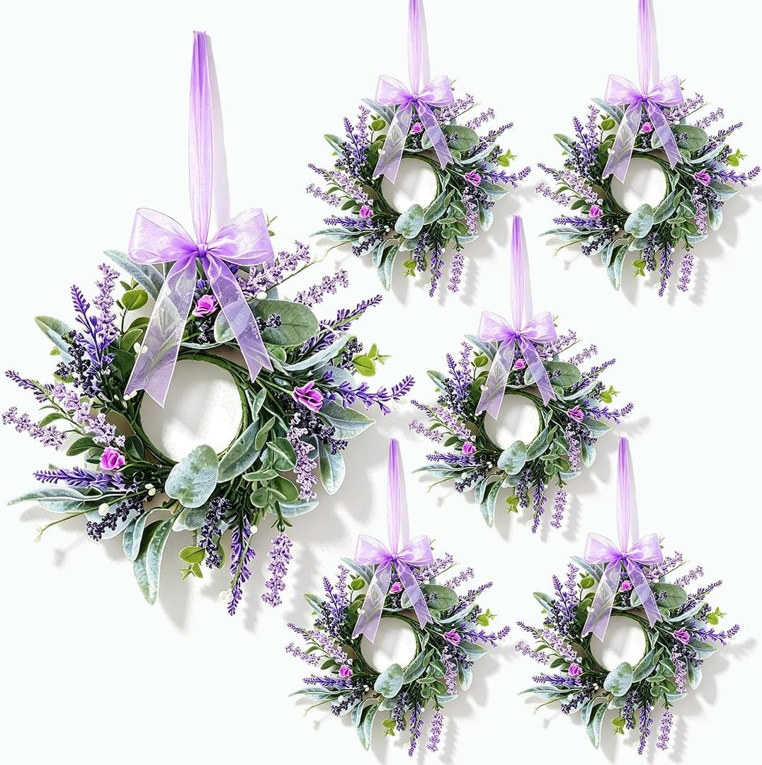 6 Pcs Mini Lavender Hanging Wreaths Purple Daisy Candle Rings Pillar Holder Wreath Wild Flower Spring Summer Floral Wreaths for Farmhouse Porch Front Door Cabinets Window