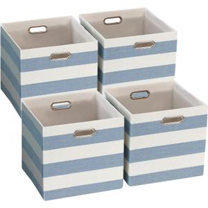 Foldable Cube Storage Bin Organizing Baskets Cubby Boxes Fabric Storage Cubes Organizer Bins with Handles for Organization Shelf Closet, 13"x13"x13", Pack of 4, Blue/White Stripe