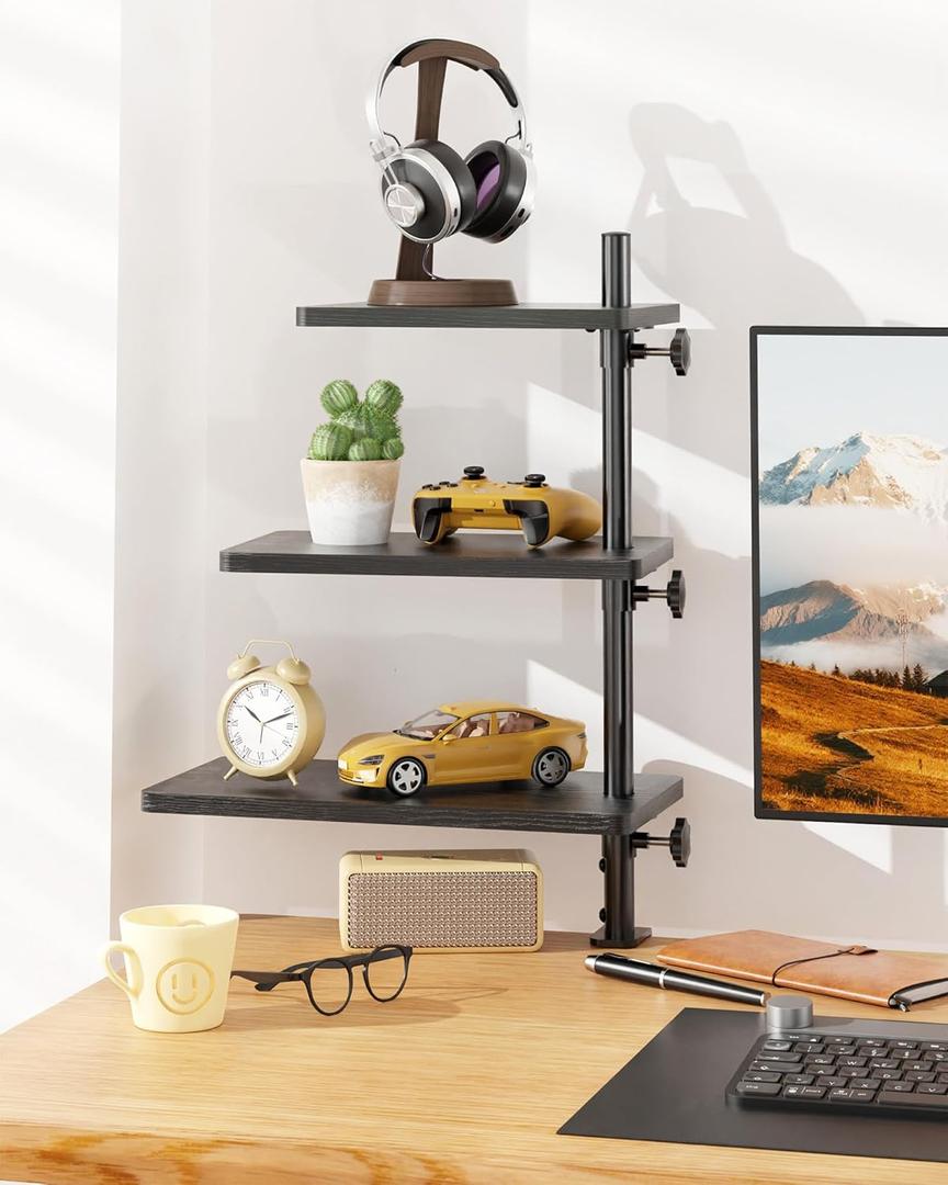 3 Tiers Clamp On Desk Shelf, 360 Angle Adjustable Desktop Shelf Organizer for Home Office Gaming Room, No Drill Desk Extender Adapt to 0.4-2.16 inches Table Thick, Black