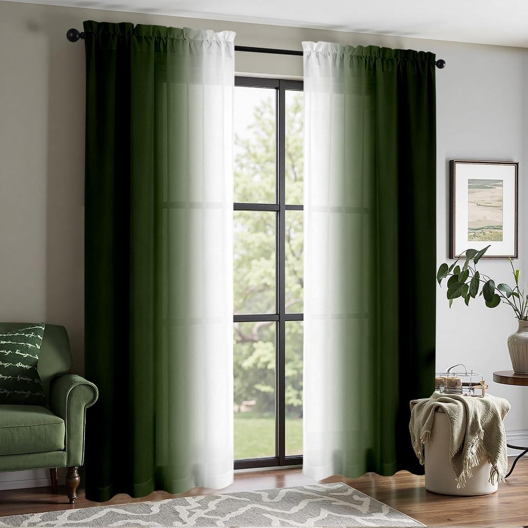 Olive Green Curtains 84 Inches Long for Bedroom Light Filtering Privacy Semi Sheer Curtains Modern Farmhouse Decor Dark Green and White Ombre Curtain for Living Room 2 Panels 52x84