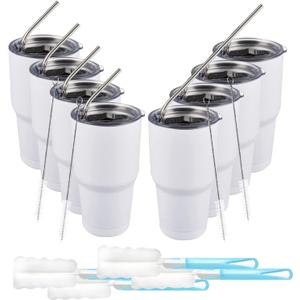 COMOOO 30oz Tumbler Stainless Steel Insulated Tumbler with Lid and Straw Double Wall Vacuum Coffee Cup Large Travel Mug for Home, Office, School,Party (White, 8 Pack)