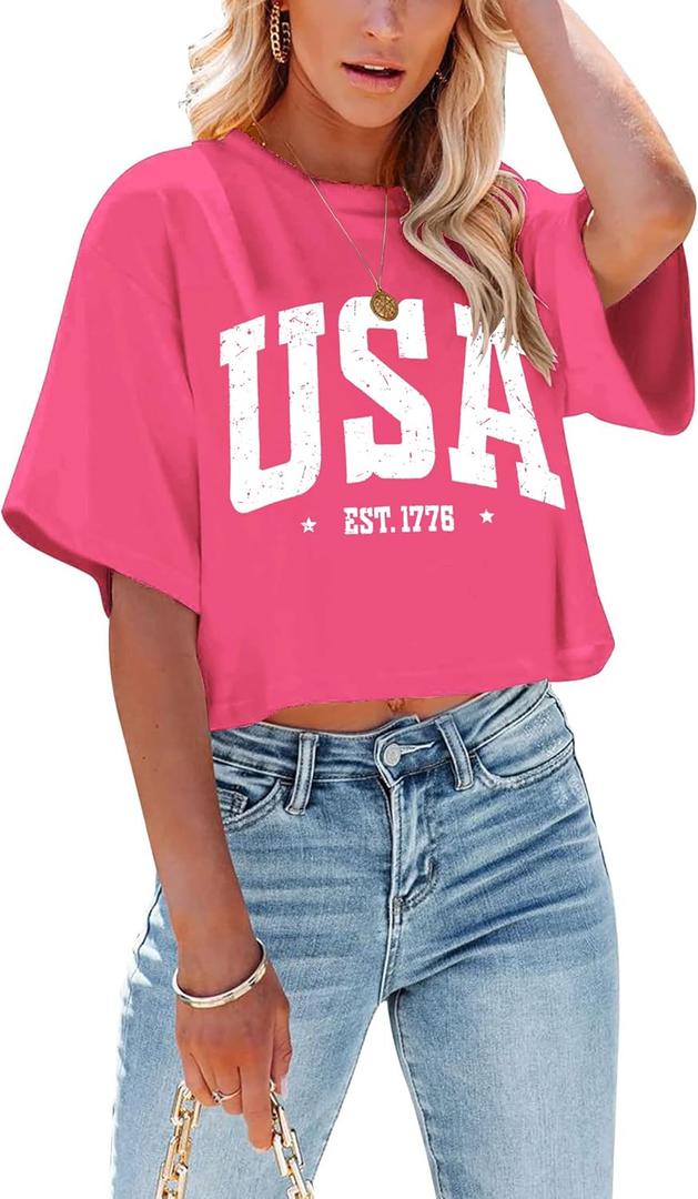 Party in The USA Patriotic Shirts for Women American Flag Memorial Day Shirt Independence Day Stars and Stripes Tshirt (Small, Crop Top_watermelon Red)