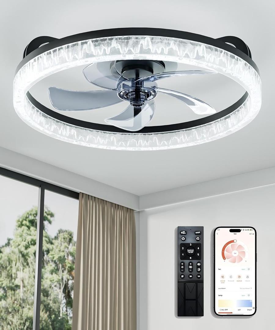 Low Profile Bladeless Ceiling Fan with Light and Remote, Flush Mount Dimmable LED Fandelier, Quiet 6-Speed Reversible Motor for Bedroom, Living Room, Modern Black