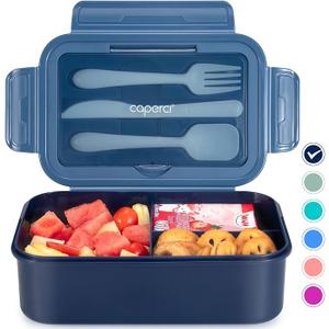 Caperci Classic Bento Box Adult Lunch Box for Older Kids - Leakpoof 47 oz 3-Compartment Containers for Adults and Teens, Built-in Utensil Set, Ideal for On-the-Go Balanced Eating, Navy Blue