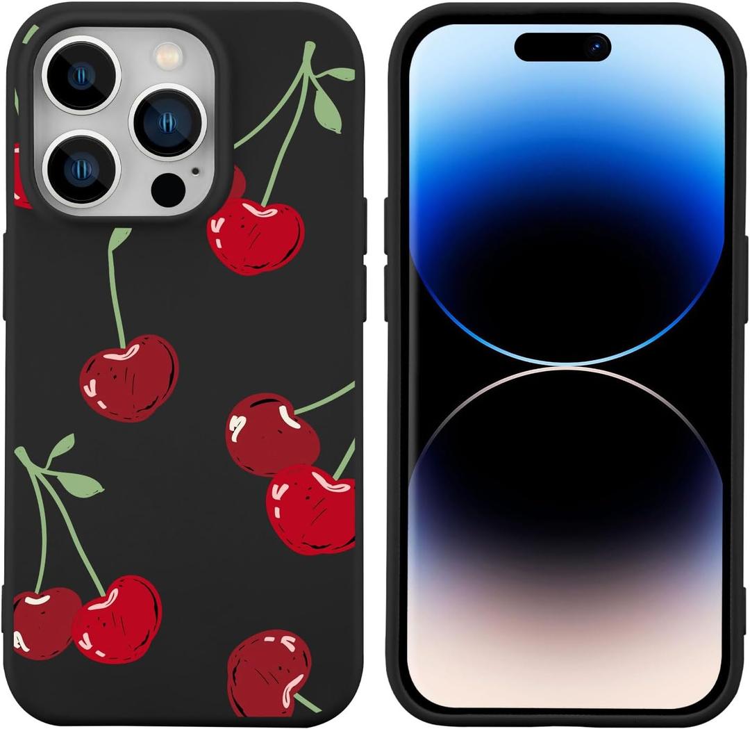 JOYLAND Fresh Cherry Pattern Phone Case for iPhone 16 Pro,Kawaii Fruit Printed Black Liquid Silicone Case Soft Shockproof Protection Shell with Soft Microfiber Lining for Girls Women