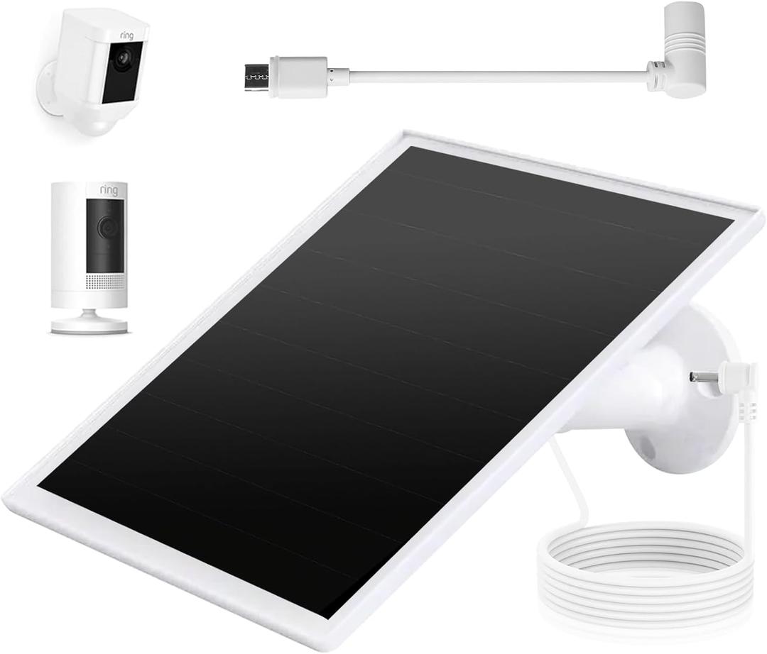 Ring Camera Solar Panel, 5W Solar Charger Compatible with Rings Spotlight Plus/Pro, Stick Up Outdoor Cam Battery, 10ft Long Cable with Ring Barrel Plug to USB-C Adapter (1, White)