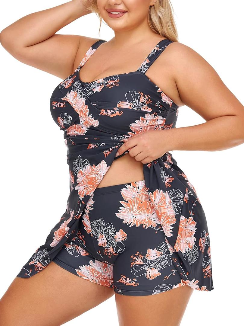 MiYang Women Plus Size Two Piece Swimsuits Flowy Tankini Swim Dress Bathing Suit with Shorts (Orange Hibiscus)  22