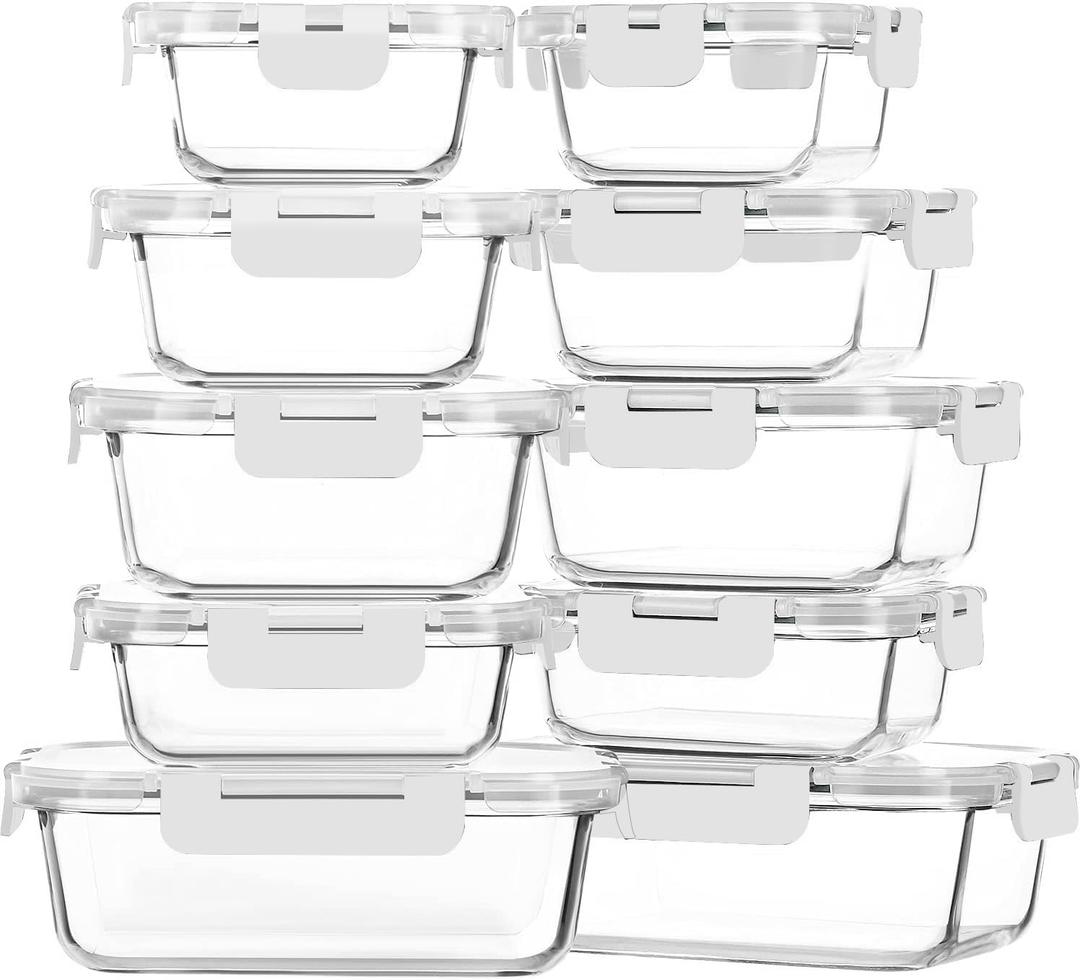 M MCIRCO 10-Pack Glass Food Storage Container with Lids, Airtight Lunch Bento Boxes, Glass Meal Prep Container,Microwave, Oven, Freezer and Dishwasher Friendly, White