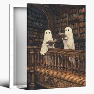 vintage halloween wall art Two cute ghosts in a library Canvas print romantic dark academia moody cottagecore horror posters for Halloween Party House Room Decor 8x12inch Framed