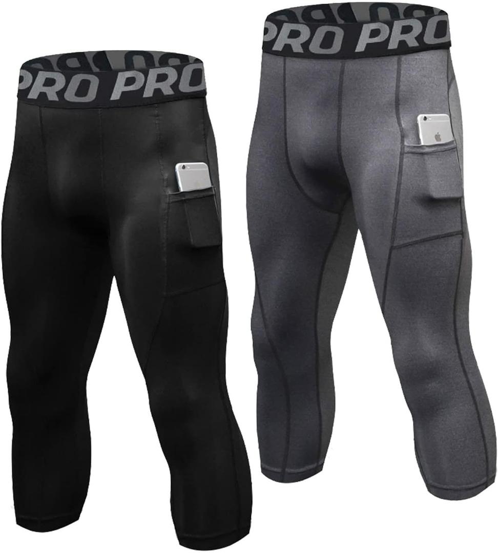 3/4 Compression Pants for Men with Pockets Capri Sports Legging Basketball Running Tights Cool Dry Workout Baselayer (X-Large, 2 Pack:black+grey)