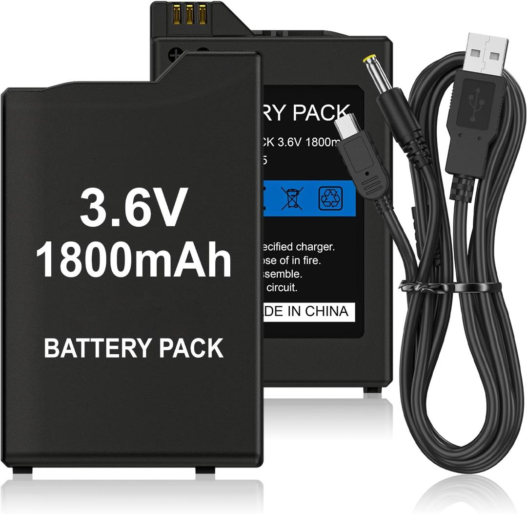 PSP Battery, 2Pcs 3.6v 1800mAh Lithium Polymer Replacement Batteries with USB Charging Cable for PSP 1000 1001, PSP-110 (1002, 1003, 1004, 1005, 1006, 1007, 1008, 1010), PSP Fat Console