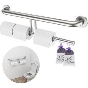 Brushed Nickel Handicap Grab Bars 24 Inch, Stainless Steel Bathroom Safety Grab Bar w/Toilet Paper Holder, Wall Mounted Tissue Paper Roll Holder, Assistance Toilet Shower Handle for Elderly Senior