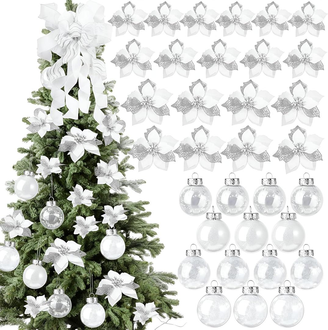 49 Pcs White Christmas Tree Decoration Set Tree Topper Bow 24 Pcs Christmas Glitter Artificial Poinsettia Flowers and 2.36 Inch Xmas Ball Ornaments for Xmas Party Holiday Decor
