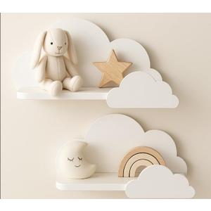 BugyBagy Cloud Wall Shelf Decorative Wooden Floating Shelf for Nursery, Kids Room Multiple Colors & Light Options (White Cloud Shelf Set of 2 No Light)