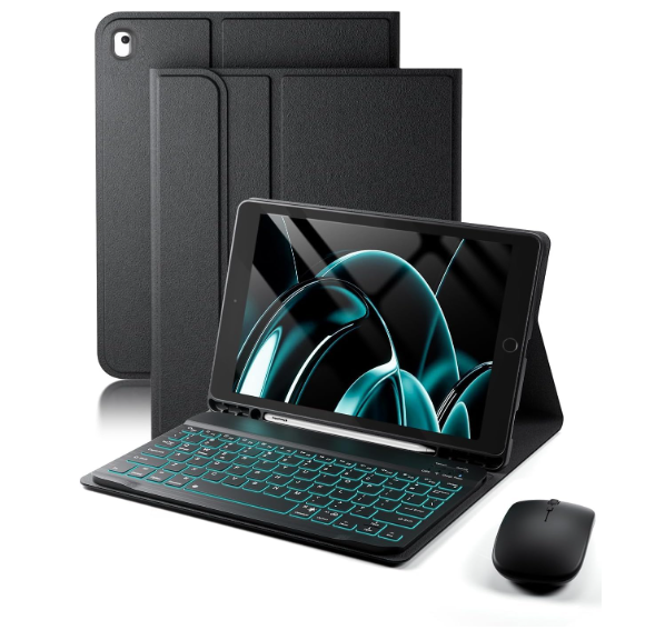 for iPad 9th / 8th / 7th Generation 10.2 inch & iPad Air 3rd Gen & iPad Pro 10.5 inch Case with 7 Color Backlit Keyboard - Built in Pencil Holder with Mouse (Black)