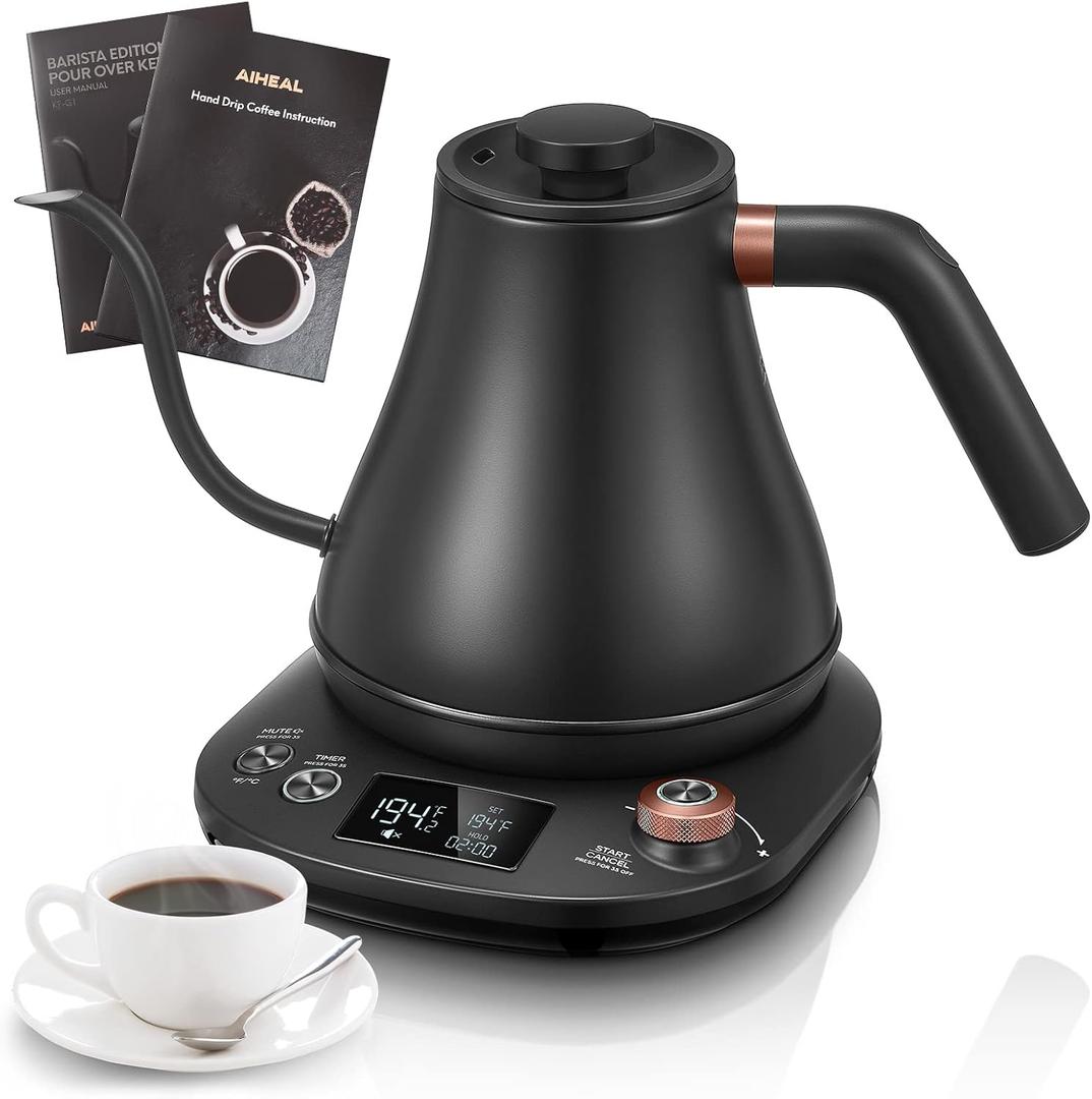 Electric Gooseneck Kettle, ±1°F Temperature Control, 304 Stainless Steel Inner, 0.8L/1200W Fast Heating with Auto ShutOff & Safety Lock for Pour Over Coffee & Tea  Black