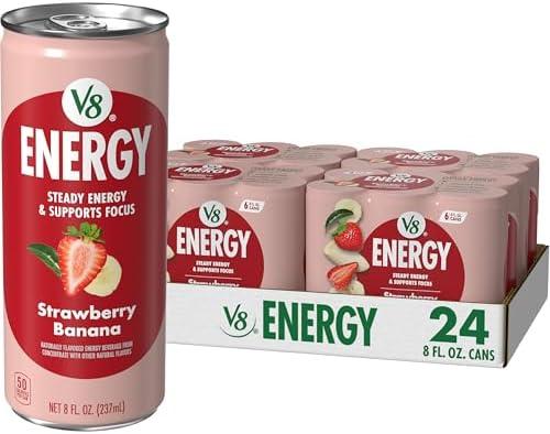 V8 Energy Strawberry Banana Juice Energy Drink, 8 fl oz Can (24 Pack) Best By 5/22/2026