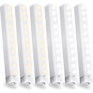 6 Pack Motion Sensor Under Cabinet Light, Magnetic Rechargeable 2 Color Under Counter Light, 8 Inch LED Closet Light for Stair Bedroom Cupboard