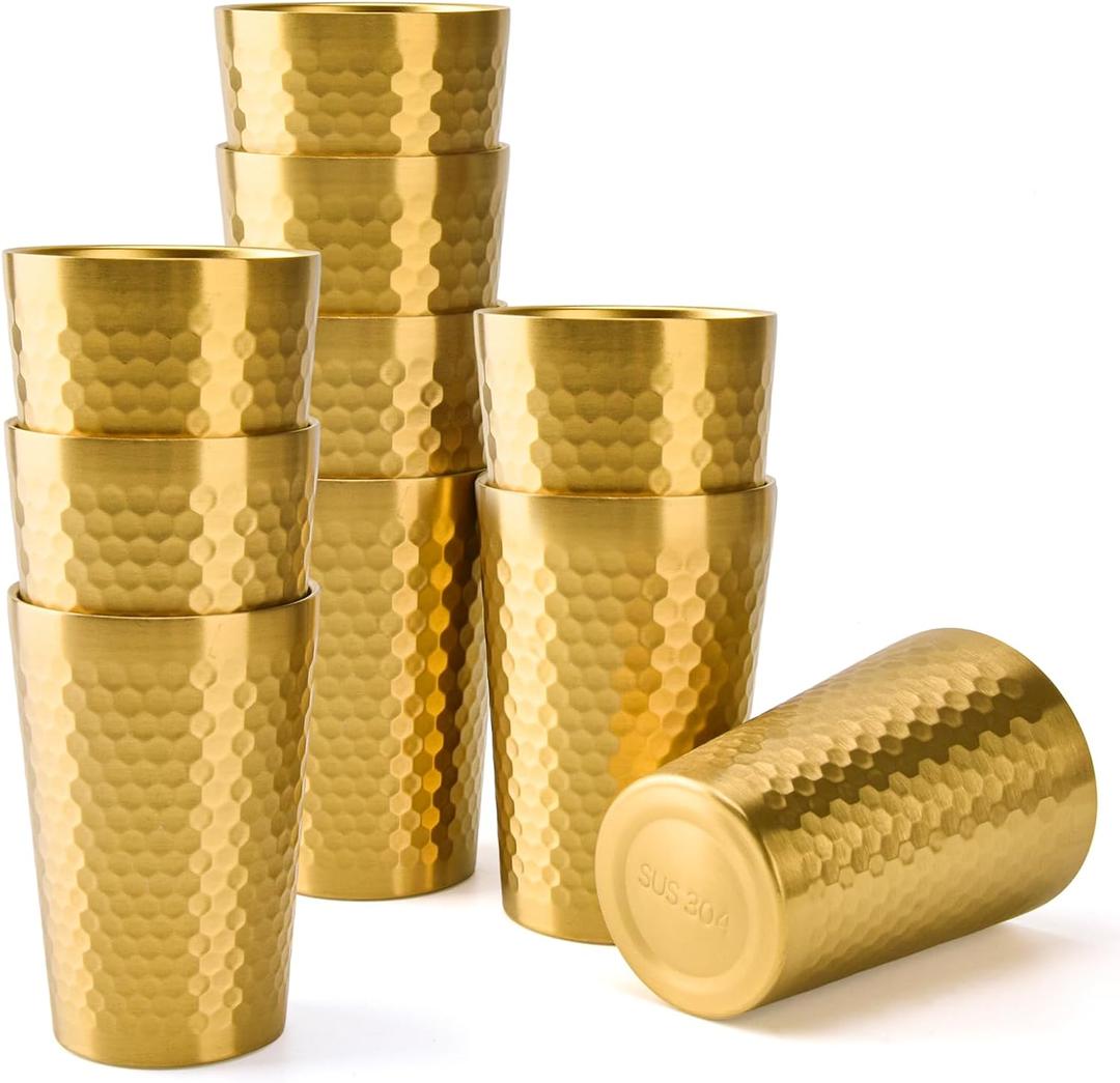 10 Pack 12 oz Stainless Steel Insulated Cup, Honeycomb Double Wall Vacuum Small Metal Cup, Reusable Camping Cups Unbreakable Indoor Outdoor for Party, Home, Office, BBQ, Gold