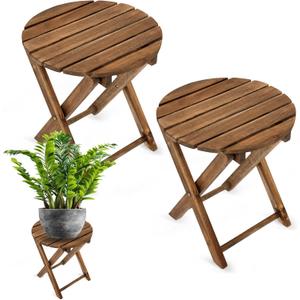 Pack of 2 Small Folding Table, Portable Acacia Wood Side Table for Patio, Porch, Balcony, Indoor Plant Stand, Walnut, 13 inches Height