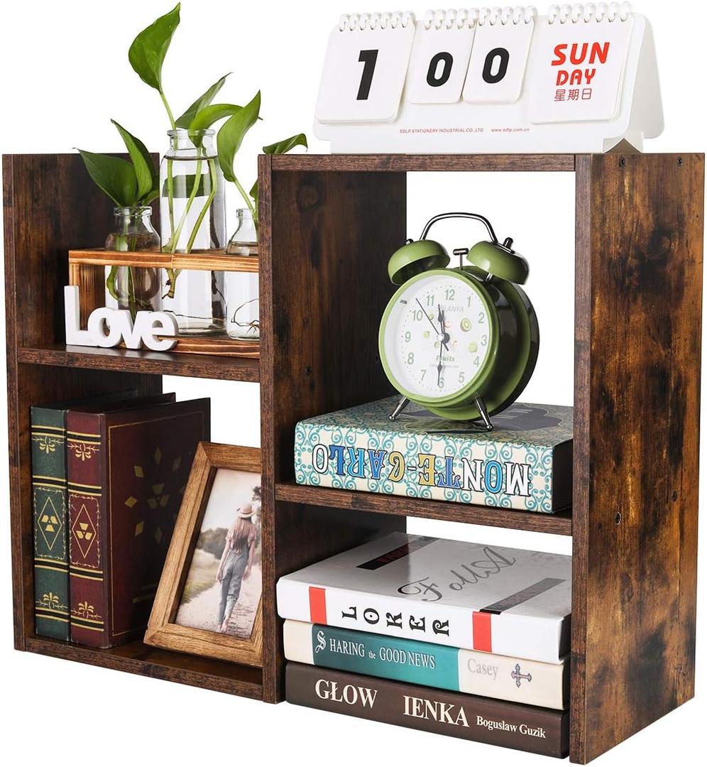 PAG Desktop Shelf Freestanding Wooden Small Bookshelf Desk Supplies Organizers and Accessories Storage Display Rack Office Dorm Decor for Women, Antique Brown (Style 4)