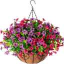 HyeFlora Artificial Faux Hanging Plants Flowers Basket for Spring Summer Outdoor Outside Decoration, Fake Silk Colorful Daisy Eucalyptus in Planter UV Resistant Realistic for Porch Patio Balcony Yard (Purple Pink)