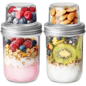 ComSaf Overnight Oats Containers with Lids (16OZ+4OZ, 2PCS) On-The-Go Dual-Laryer Yogurt Parfait Cups with Dry and Wet Separation Mason Jars for Chia Pudding Cereal Nut Fruit Meal Prep Salad