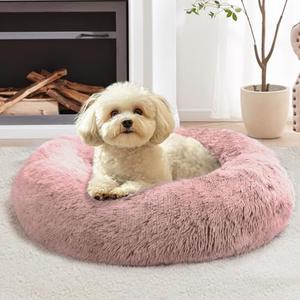 JOLLYVOGUE Calming Dog Bed for Small Dogs - 23 inches Donut Washable Small Dog Bed for Kittens & Puppies, Anti-Slip Round Fluffy Plush Faux Fur Cat Beds (Fits up to 25 lbs Pets, Dark Pink)