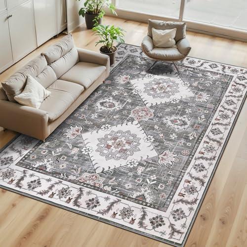 Ileading Washable Area Rugs 8x10, Grey Living Room Bedroom Rug Vintage Boho Non Slip Distressed Indoor Floor Carpet, Low Pile Under Table Mat for Dining Laundry Kids Nursery Play Room
