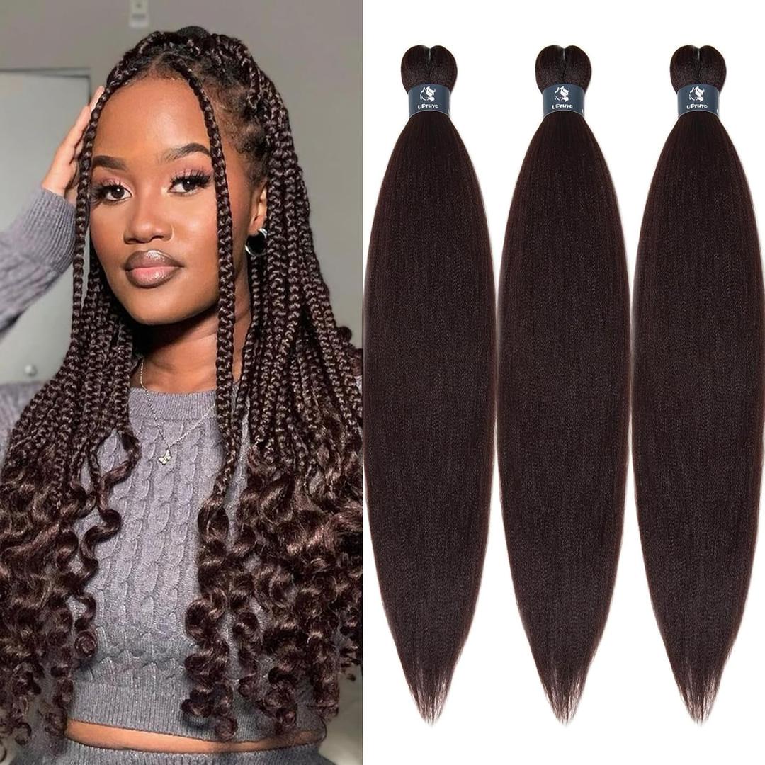 Chocolate Brown Braiding Hair Pre stretched Kanekalo Prestretched Braiding Hair Extensions 26 inch Synthetic Hair for Braiding Feed in Braids (26", Pack of 3)